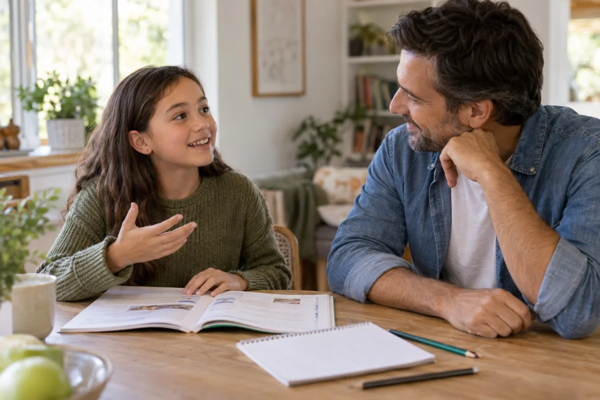 Openminds english A child practising spoken English with an encouraging parent at home
