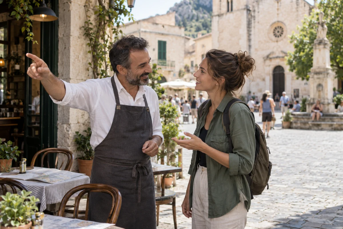 Openminds english A traveller confidently asking a local cafe owner for directions abroad
