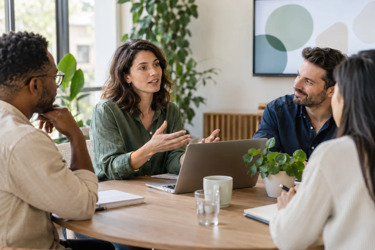 Openminds english A confident speaker sharing ideas with attentive colleagues in a workplace meeting
